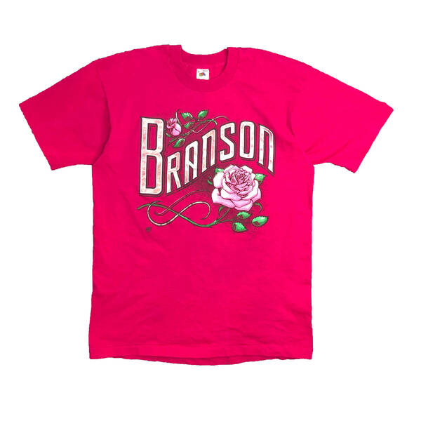 90S USA製 ヴィンテージ BRANSON 薔薇 ロゴプリント オールド 1993 Tシャツ メンズL ショッキングピンク シングルステッチ 古着 BA1758