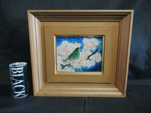 ■七宝焼■小鳥/桜　額装 約40×27㎝　メジロ　七宝　アンティーク/レトロエマイユ　蔵出し品