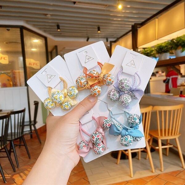 ヘアゴム 布芸ビーズ豆の小花リボン 6個セット