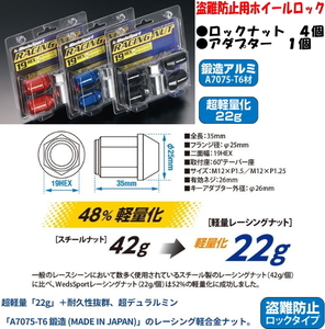 送料無料 ウェッズ WedsSport レーシングナット 軽量 ロックナット 4個 19HEX M12 x P1.25 60度テーパー ブラック (No.52333) 全長:35mm