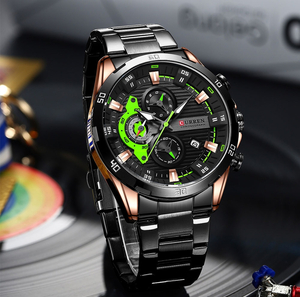 CURREN メンズ 腕時計 高品質 クオーツ カジュアル スポーツ ウォッチ 8402 クロノグラフ 防水 時計 ステンレス ブラック ×ローズゴールド