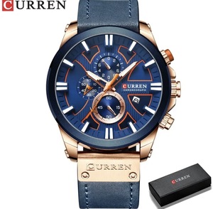 CURREN 8346 メンズ 腕時計 高品質 クオーツ クロノグラフ 防水 カジュアル レザー ウォッチ ファッション 時計 Rゴールド × ブルー