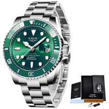 LIGE メンズ 腕時計 高品質 クオーツ カジュアル スポーツ ビジネス ウォッチ 10045 クロノグラフ 防水 時計 シルバー × グリーン_画像3
