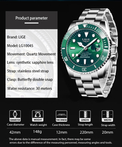 LIGE メンズ 腕時計 高品質 クオーツ カジュアル スポーツ ビジネス ウォッチ 10045 クロノグラフ 防水 時計 シルバー × グリーン_画像4