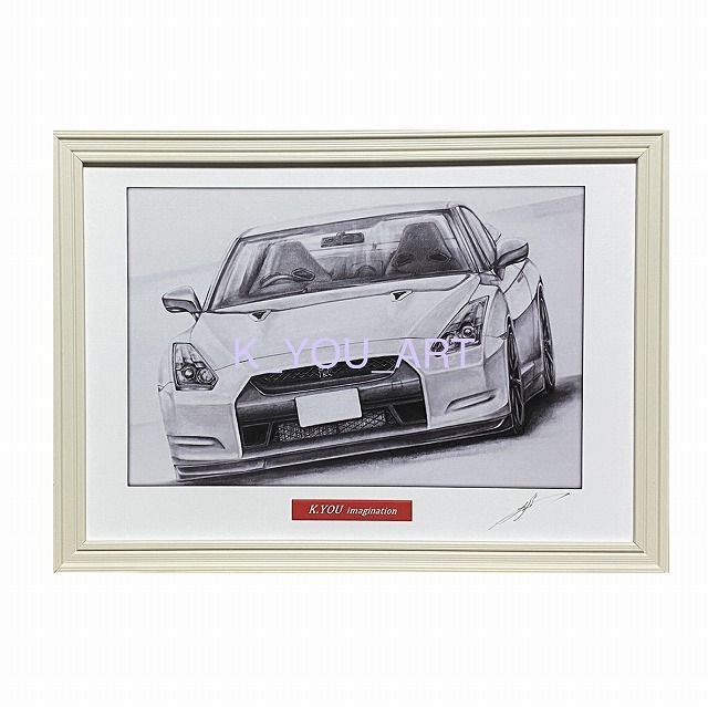 Nissan NISSAN Skyline R35 GTR [Карандашный рисунок] Знаменитый автомобиль Иллюстрация старого автомобиля Размер А4 В рамке Подпись, произведение искусства, рисование, карандашный рисунок, рисунок углем