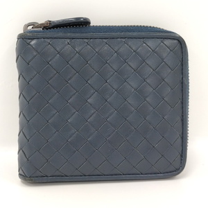 【中古】BOTTEGA VENETA イントレチャート ラウンドファスナー 二つ折り札入れ レザー ネイビー 464904