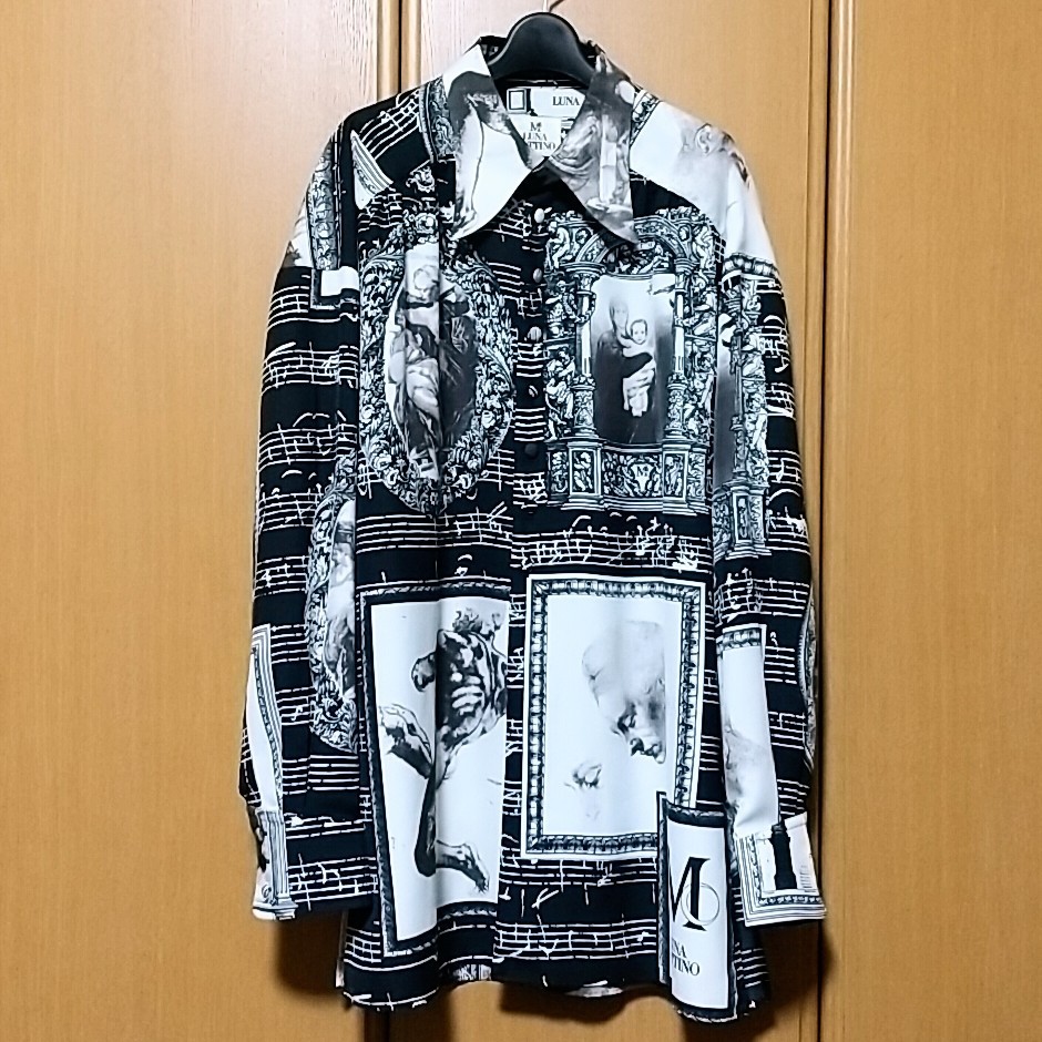 LUNA MATTINO Camisa con estampado integral Manga larga Monocromo Negro M Hecho en Japón Logo Pintura de notas musicales Reúne Jean Paul GAULTIER VERSACE, manga larga, Camisas de manga larga en general, talla m