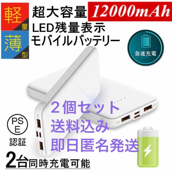 2個セット モバイルバッテリー 12000mAh 2A急速充電 スマホ充電器 2USBポート MicroとType-C入力ポート