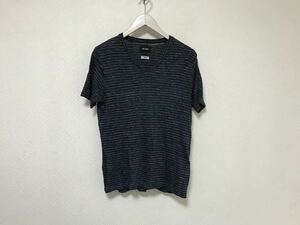 本物ビームスBEAMSリネン麻Vネックボーダー柄半袖Tシャツメンズアメカジサーフミリタリービジネススーツ紺ネイビーS