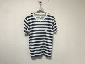 本物マーガレットハウエルMHLロゴコットンプリントボーダー柄半袖TシャツメンズアメカジサーフミリタリービジネススーツM白ホワイト青