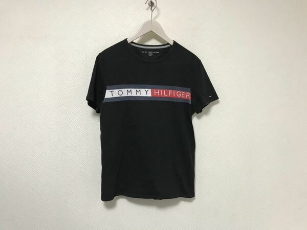 本物トミーヒルフィガーTOMMY HILFIGERコットンロゴ刺繍半袖Tシャツメンズアメカジサーフミリタリービジネススーツ黒ブラックSストリート