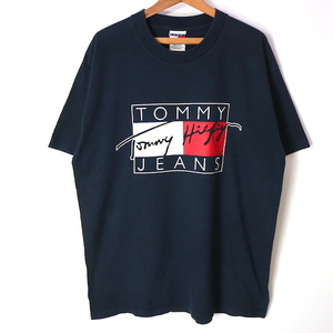 90s USA製 TOMMY JEANS トミーヒルフィガー 大判プリント Tシャツ(メンズ L)ネイビー トミージーンズ
