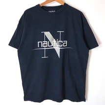 90s USA製 NAUTICA ノーティカ プリント Tシャツ(メンズ L)ネイビー ヴィンテージ_画像1
