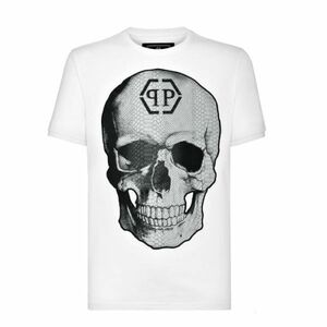 【CU】PHILIPP PLEIN フィリップ プレイン 半袖 ＴシャツMTK3306【M】 ホワイト クロコ型押しスカル ラインストーンPP【新品・正規品】