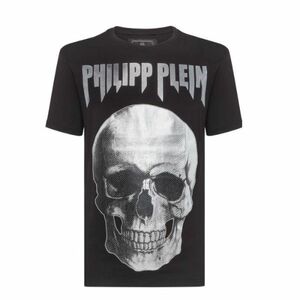 【CU】PHILIPP PLEIN フィリップ プレイン 半袖 Ｔシャツ MTK3307【XL】 ブラック メタル チェーン トリミング 箔スカル【新品・正規品】