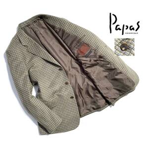 極美品【定価12万超】Papas パパス カシミヤ100％ テーラードジャケット M(48) チェック ロゴ入り裏地 日本製【最上の着心地】メンズ