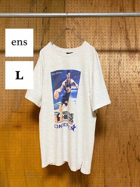 古着 CONS CONVERSE コンズ コンバース プリント Tシャツ カットソー スリット ケビンジョンソン グレー L ビッグサイズ ビッグシルエット