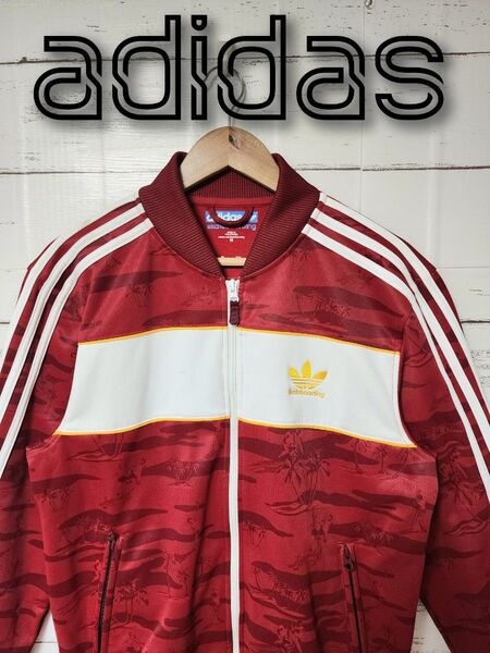 adidas アディダスオリジナルス ジャージ ジャケット 総柄 赤 レッド ホワイト 白 ワンポイント 刺繍 M ブルゾン