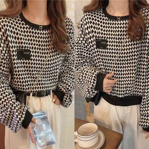  sweater thousand bird pattern knitted tops long sleeve knitted sweater lady's total pattern long sleeve black black 