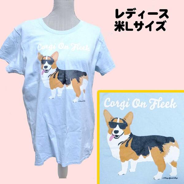 ワケアリ【激レア】【レディース米L】ウェルシュコーギー 犬　Tシャツ 水色 