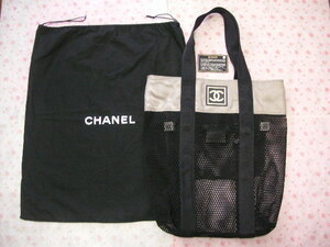 シャネル CHANEL スポーツライン 黒 ブラック × グレー メッシュ トート バッグ ファスナー付き 取り外し可能ポケット ロゴ ナイロン