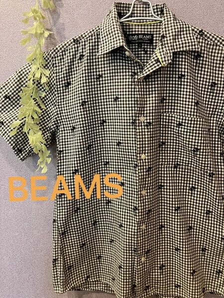 【極美品】ビームス　beams チェック柄シャツ　ヤシの木柄刺繍 ギンガムチェック 黒白