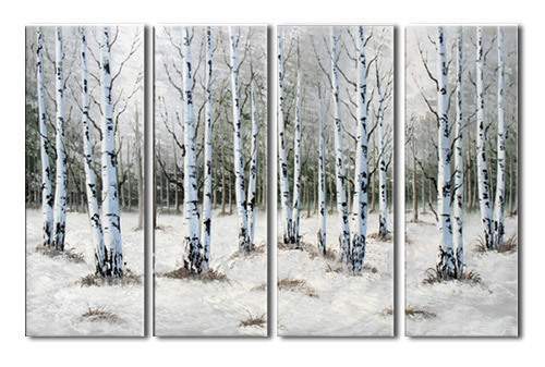 Art panel Winter in the Forest 30x90cm x 4 pieces Birch tree Hand-painted, painting, oil painting, Nature, Landscape painting