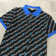 極美品 FILA GOLF フィラゴルフ 総柄 デザイン 半袖 ポロシャツ メンズ LLサイズ ブラック ブルー ゴルフシャツ golf_画像3