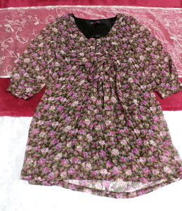 紫緑白茶花柄シフォンネグリジェチュニックワンピース Purple green flower pattern chiffon negligee tunic dress