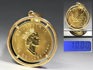 ◆ Maple Leaf, золотые монеты, K24, чистое золото, золотые монеты, 1/4 унции, K18 Frame, 1997, королева Елизавета, монета, общий вес 10㌘ ◆ AA599