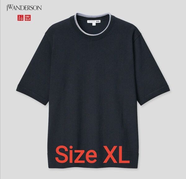 新品タグ付　リネンブレンドクルーネックセーター　Navy　 XL 半袖