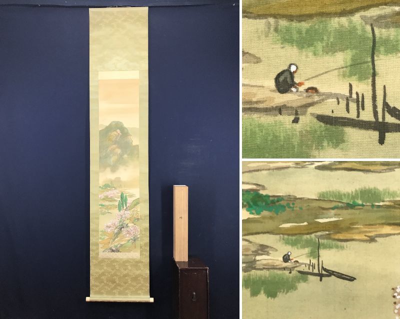 [Genuine] Maro/Cherry blossom landscape with fisherman/Landscape/Fishing man/Cherry blossom/Hanging scroll ☆Treasure ship☆AC-80, Painting, Japanese painting, Landscape, Wind and moon