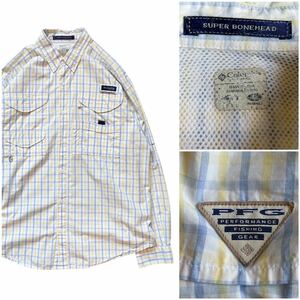 Columbia コロンビア PFG フィッシング 長袖 シャツ Mサイズ チェック 白 魚 ギア アウトドア メッシュ ボタンダウン ブルー イエロー