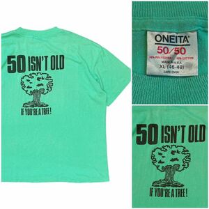 USA製 80’s〜 ONEITA オニータ ヴィンテージ Tシャツ 黄緑 グリーン XLサイズ シングルステッチ バックプリント 木 ロゴ 90年代 コットン