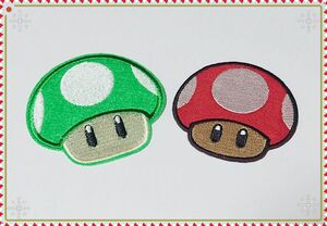 【w-41】マリオ　緑キノコ(1up)　赤キノコ(スーパーきのこ)　2枚セット　アイロンワッペン