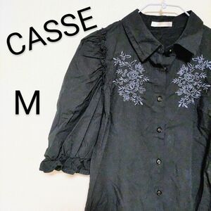 CASSE カットソー 花柄刺繍 クロップド ゆったり袖 黒 レディース服 M