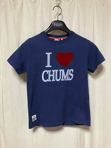 CHUMS チャムス プリント入り半袖Tシャツ ロゴ/ハート 紺 XS 中古品 綿と竹素材