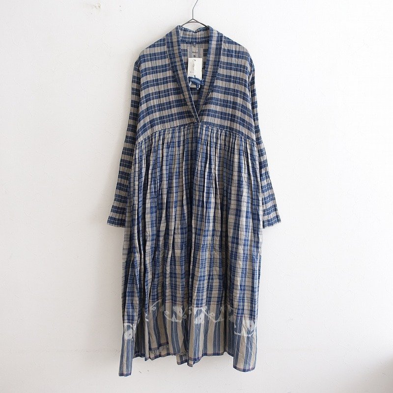 レトロ古着 80s~90s ステッチ刺繍 リネンコットン藍染め ロング