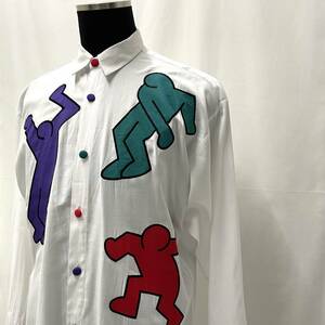 90s garage キースへリング 長袖 シャツ USA アメリカ古着 白 ヴィンテージ オールド keith haring 刺繍 デザイン 90年代 ポップ アート