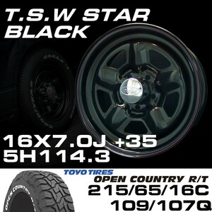 TSW STAR ブラック 16X7J+35 5穴114.3 TOYO OPEN COUNTRY ホワイトレター 215/65R16C　ハイエース100系や152系ハイラックスなどに！