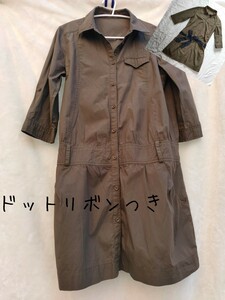  MK KLEIN+ エムケークランプリュス チュニック ワンピース ロングシャツ ブラウス シャツ カーキ 七分袖 春夏 ドットリボン