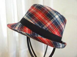 「SHISKY」キッズ帽子　中折れハット　チェック柄　サイズ５４cm　コットン帽　スタイル帽子　キャップ　帽子
