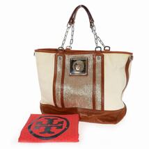 トリーバーチ TORY BURCH キャンバス チェーン トートバッグ ショルダーバッグ 2WAY レザーパイピング オフホワイト ブラウン 白 茶 メンズ_画像1