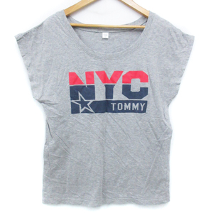 トミー TOMMY Tシャツ カットソー フレンチスリーブ ラウンドネック ロゴプリント M 杢グレー /FF57 レディース