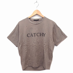 ミューニック Munich カットソー Tシャツ クルーネック コットン 綿 ワイド プリント 英字 半袖 カーキ /NT26 レディースの画像1