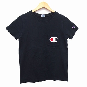 チャンピオン CHAMPION Tシャツ カットソー ロゴ 刺繍 ワッペン 切替リブ 半袖 丸首 コットン 綿 M ブラック 黒 /HT6 レディース