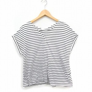 プラステ PLST ボーダー柄 カットソー Tシャツ クロスVネック フレンチスリーブ コットン 綿 M ホワイト 白 /FT24 レディース