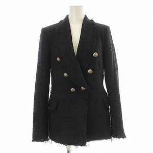 ザラウーマン ZARA WOMAN テーラードジャケット ダブル ツイード 肩パッド 金ボタン S 黒 ブラック /UY34 レディース