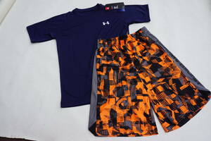  new goods [ Under Armor ] jersey top and bottom set YSM 130 navy × orange Junior child heat gear short sleeves short bread sportswear 