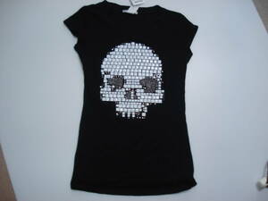 *USA. buy * ound-necked T-shirt * Skull design *M size * rhinestone design * skull * black shirt *